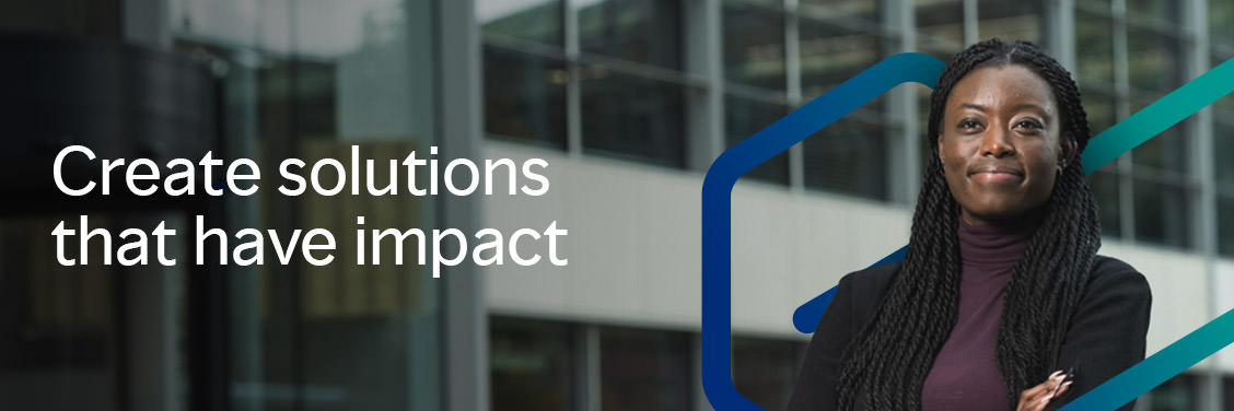 business portrait of smiling young female with overlay design